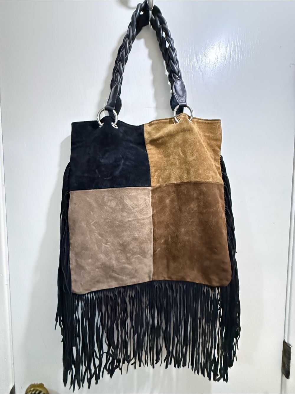 D2 Italian Western Patchwork Suede Fringe Hobo Tote in Black and Brown